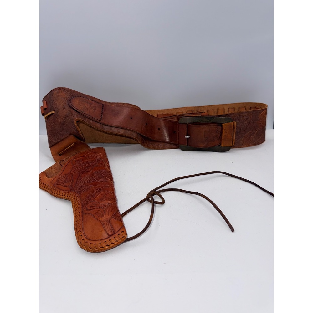 Leather Gun Belt Holster  Brown Good Floral Tooled Western Cowboy Cowgirl